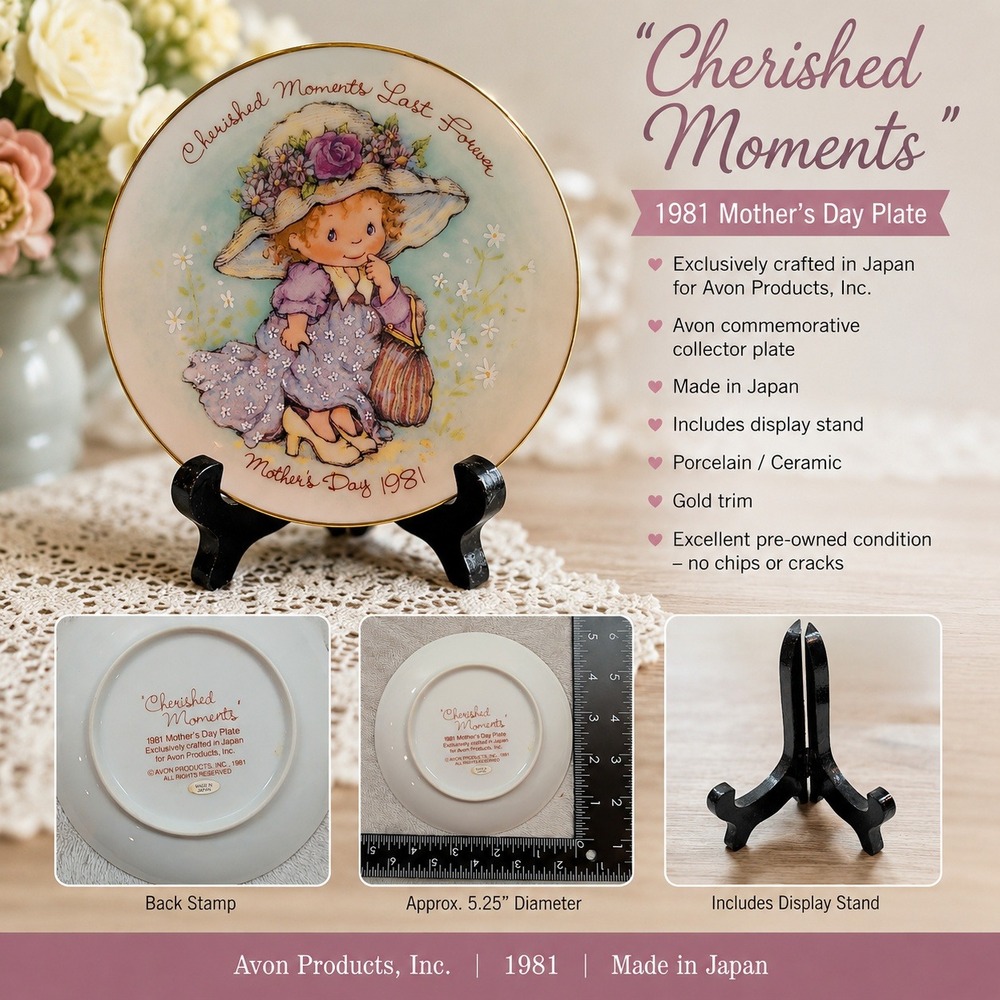 Avon 1981 Mother's Day Plate‎ Cherished Moments Last Forever Japan 5 inch Stand